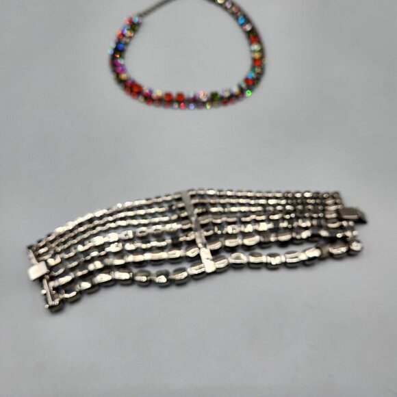Rainbow Rhinestone Bracelet & Choker Aurora Borealis Silver Tone Brilliant Set - Picture 7 of 13